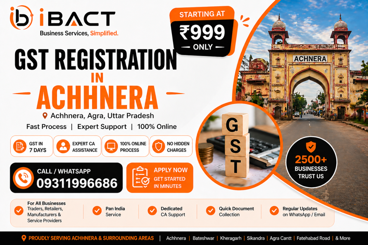 GST Registration in Achhnera ₹999 Fast Online Process – iBACT Digital Expert CA Service for Traders, Shop Owners and Manufacturers in Achhnera, Agra District, Uttar Pradesh