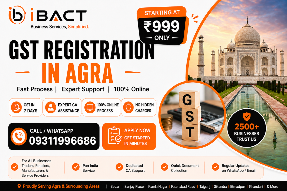 GST Registration in Agra ₹999 Fast Online Process – iBACT Digital Expert CA Service for Leather Traders, Marble Exporters and Footwear Businesses in Agra UP