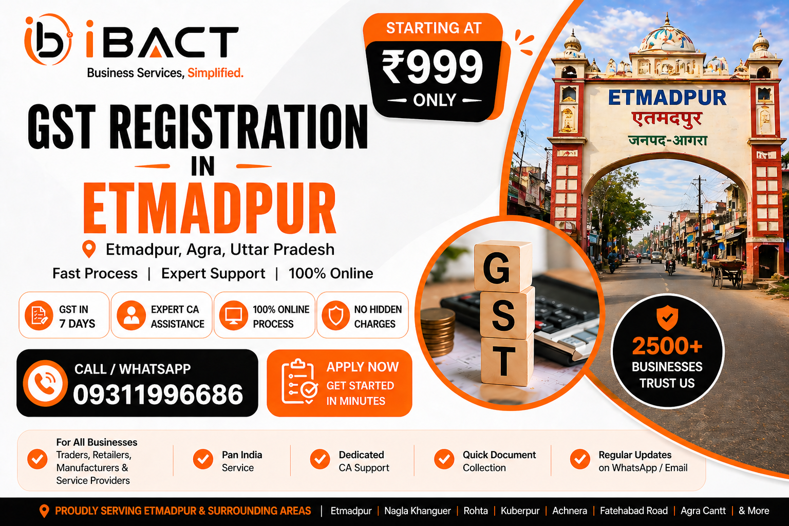 GST Registration in Etmadpur ₹999 Fast Online Process – iBACT Digital Expert CA Service for Traders, Shop Owners and Manufacturers in Etmadpur, Agra District, Uttar Pradesh