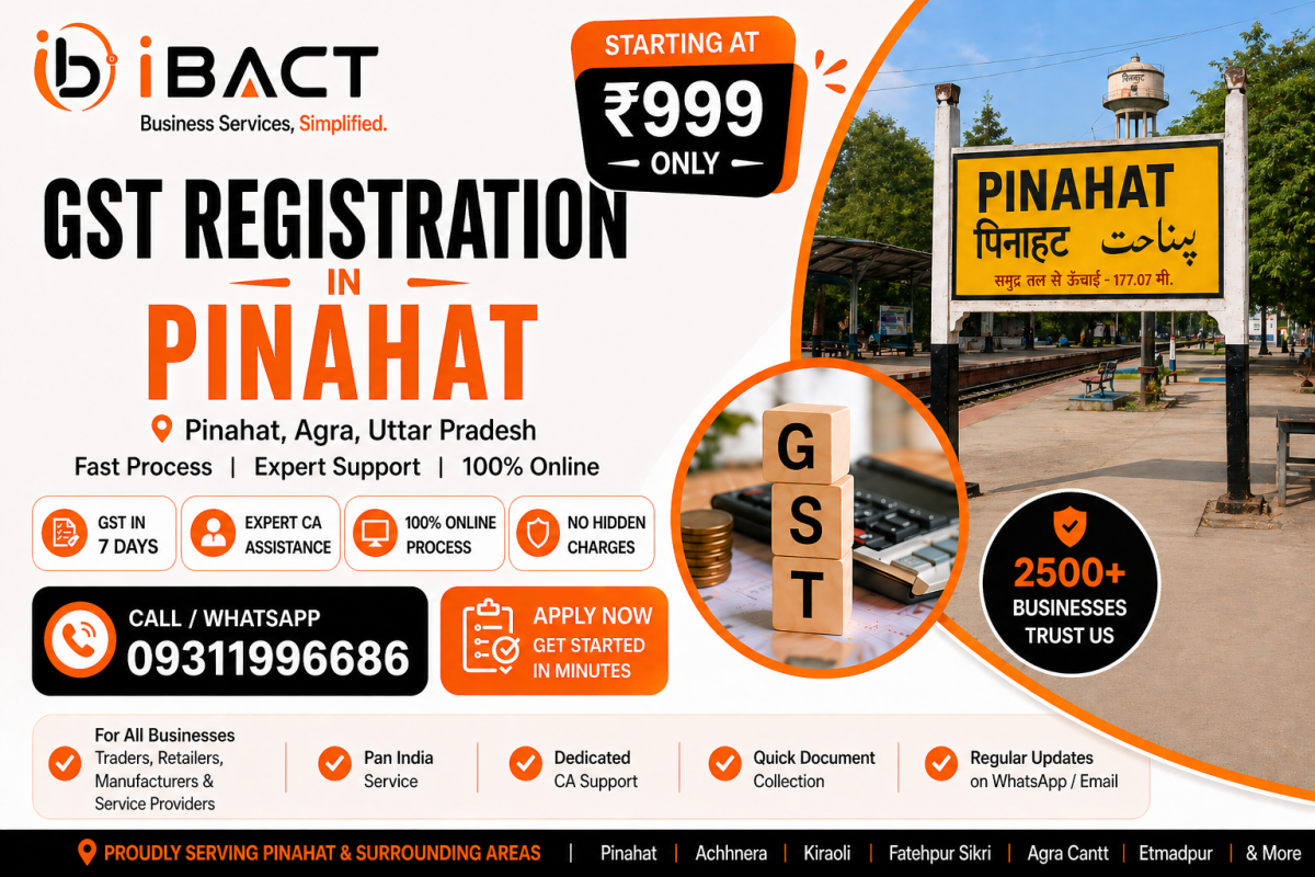 GST Registration in Pinahat ₹999 Fast Online Process – iBACT Digital Expert CA Service for Traders, Shop Owners and Manufacturers in Pinahat, Agra District, Uttar Pradesh PIN 283123