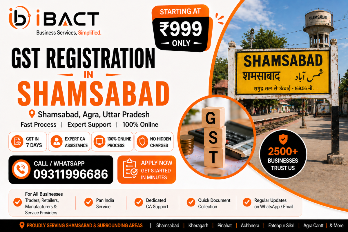 GST Registration in Shamsabad Agra ₹999 Fast Online Process – iBACT Digital Expert CA Service for Traders, Shop Owners and Manufacturers in Shamsabad, Agra District, Uttar Pradesh PIN 283125
