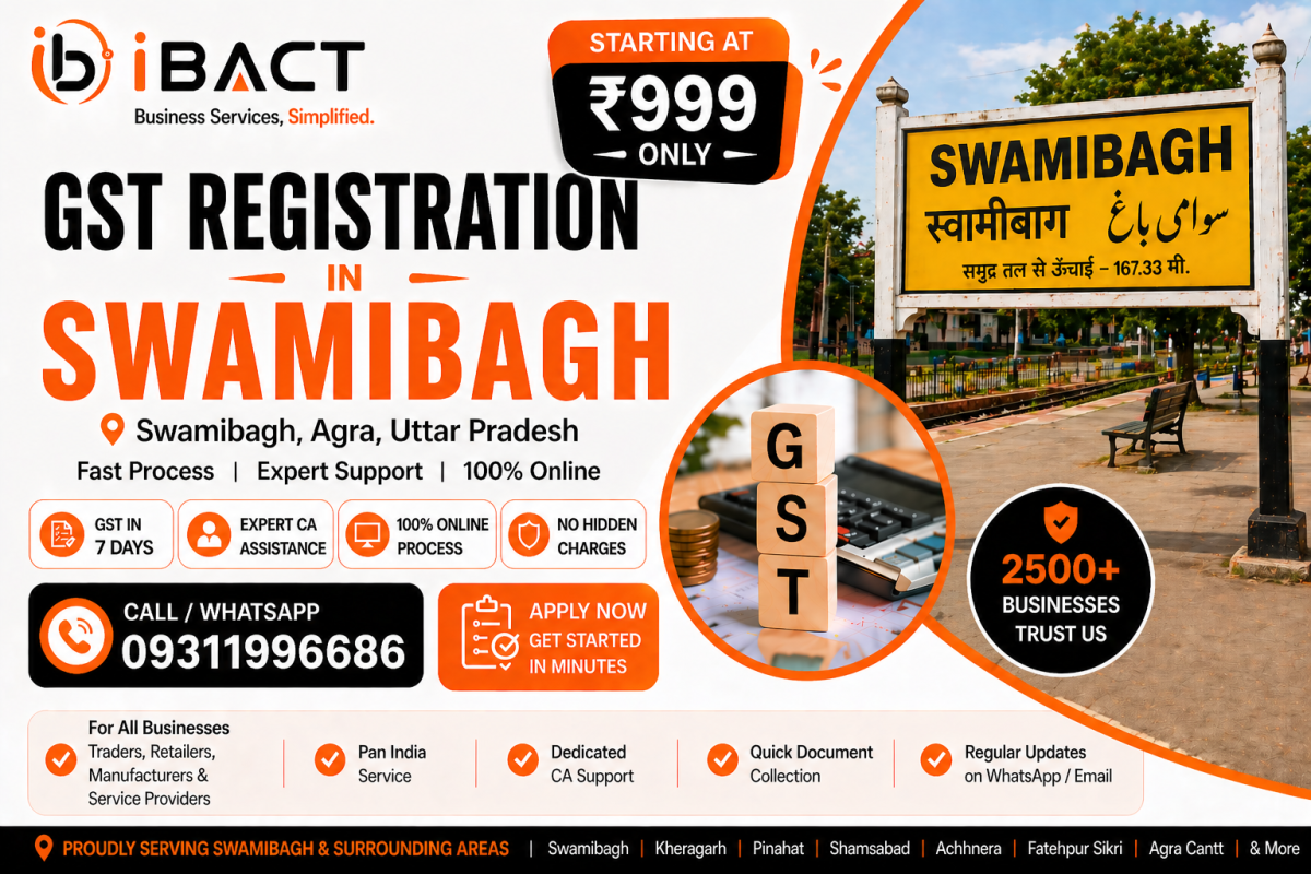GST Registration in Swamibagh Agra ₹999 Fast Online Process – iBACT Digital Expert CA Service for Traders, Shop Owners, E-Commerce Sellers and All Businesses in Swamibagh Agra District Uttar Pradesh PIN 282005