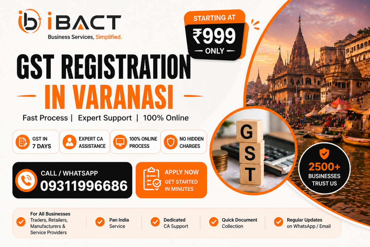 GST Registration in Varanasi ₹999 Fast Online Process – iBACT Digital Expert CA Service for Traders, Shops and Startups in Varanasi