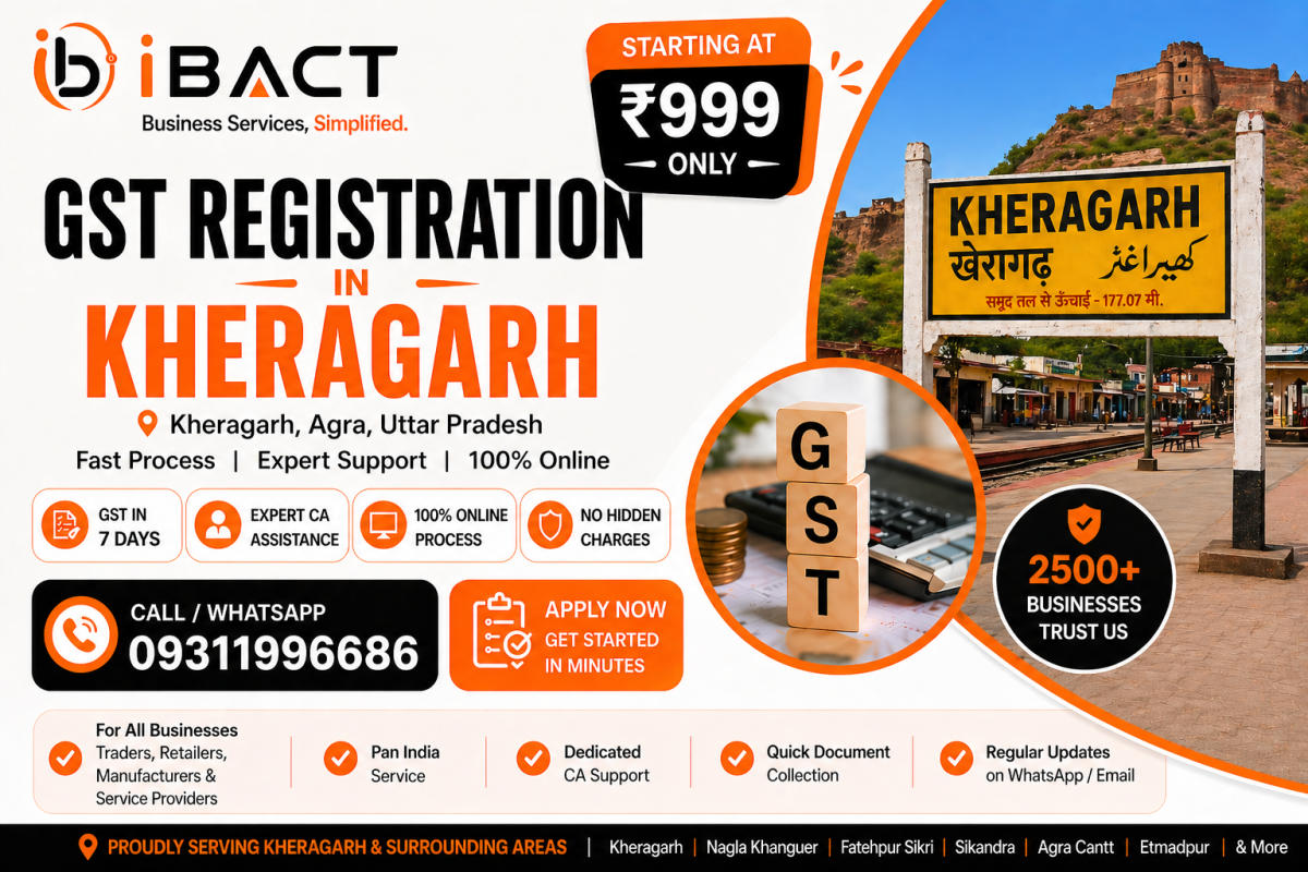 GST Registration in Kheragarh Agra ₹999 Fast Online Process – iBACT Digital Expert CA Service for Traders, Shop Owners and Manufacturers in Kheragarh, Agra District, Uttar Pradesh