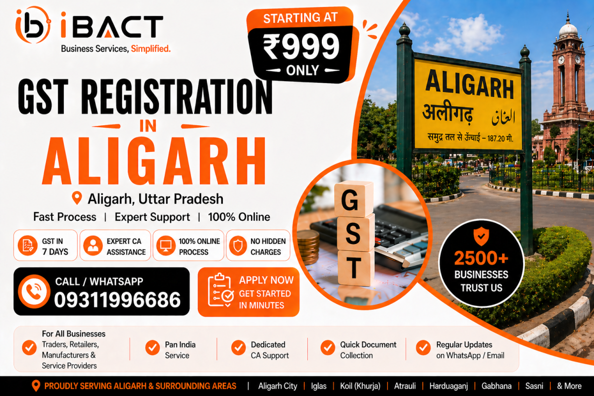 GST Registration in Aligarh Uttar Pradesh ₹999 Expert CA-Assisted Online Process – iBACT Digital serving lock manufacturers, hardware traders, shopkeepers and e-commerce sellers in Aligarh PIN 202001