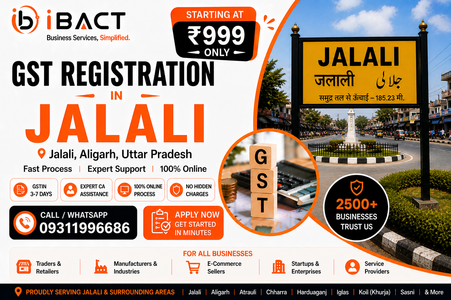 GST Registration in Jalali Aligarh ₹999 Fast Online Process – iBACT Digital Expert CA Service for Traders, Shopkeepers, Agri-Businesses in Jalali Nagar Panchayat, Koil Tehsil, Aligarh District, Uttar Pradesh