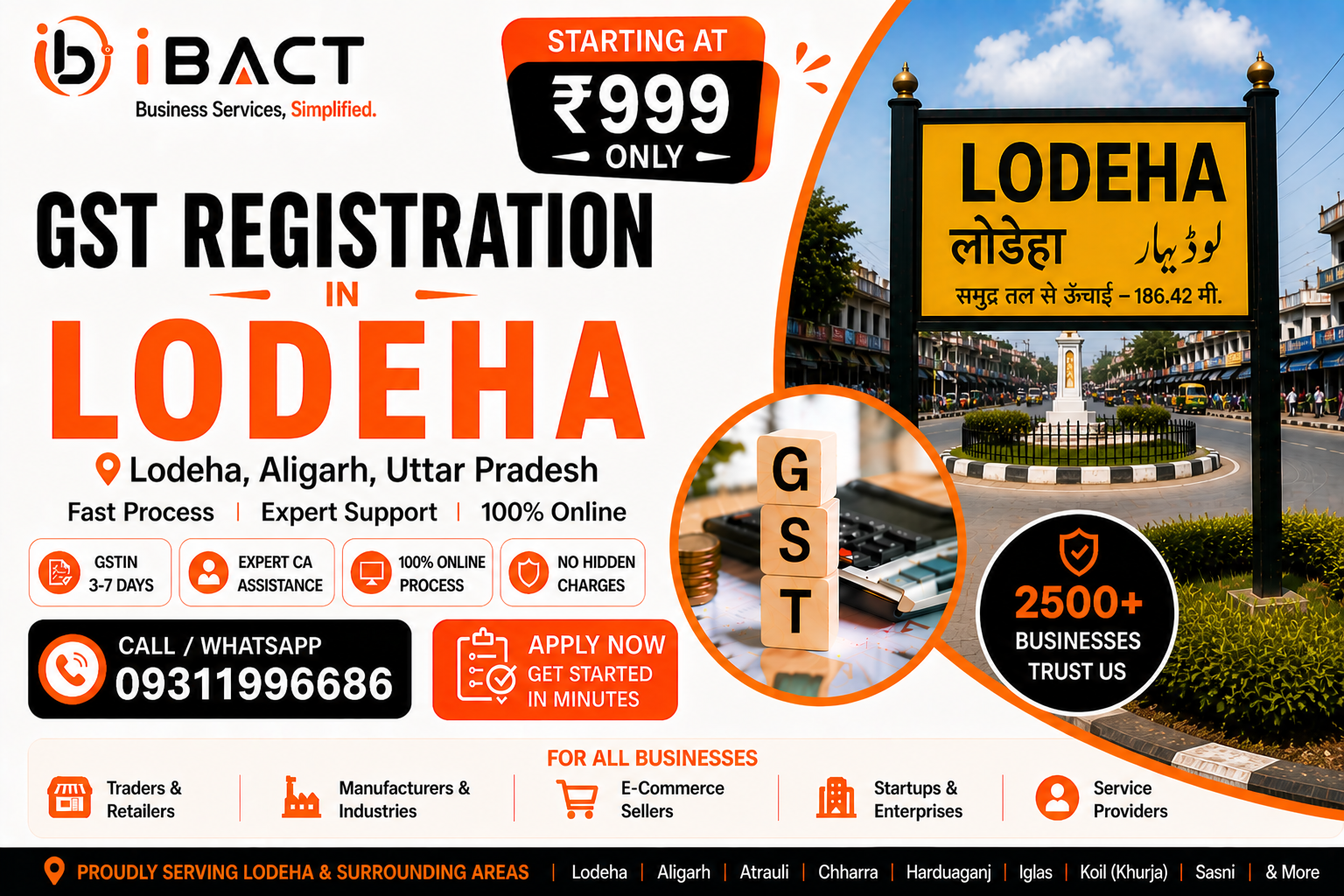 GST Registration in Lodeha Aligarh ₹999 Fast Online Process – iBACT Digital Expert CA Service for Traders, Agri-Businesses, Shopkeepers and All Businesses in Lodeha Block, Aligarh District, Uttar Pradesh