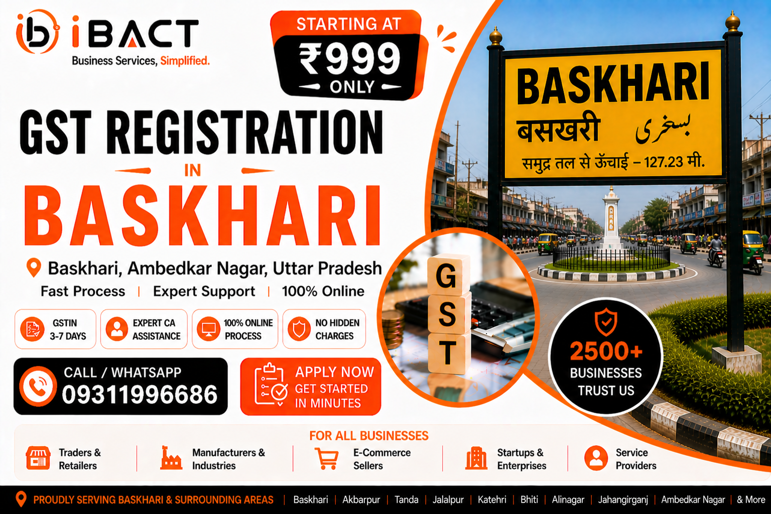 GST Registration in Baskhari Ambedkar Nagar at ₹999 – Fast Online Process by iBACT Digital Expert CA Service for Traders, Shopkeepers, Agri-Businesses, E-commerce Sellers and All Business Types in Baskhari Uttar Pradesh – Faizabad Commissionerate