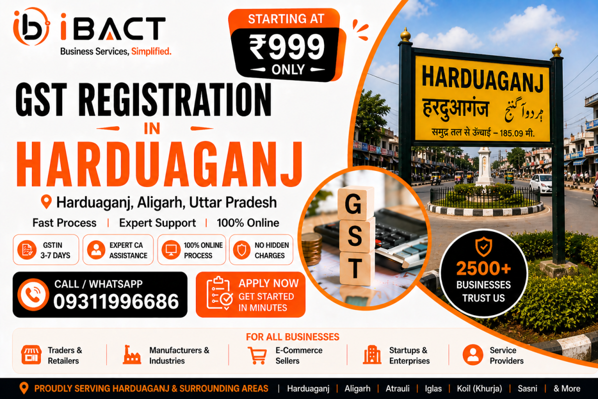 GST Registration in Harduaganj Aligarh ₹999 Fast Online Process – iBACT Digital Expert CA Service for Traders, Shop Owners, Power Sector Vendors and Manufacturers in Harduaganj, Aligarh District, Uttar Pradesh