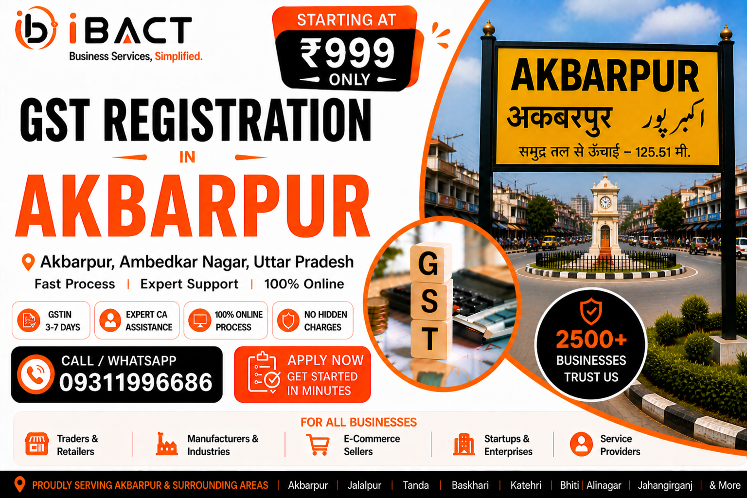 GST Registration in Akbarpur Ambedkar Nagar at ₹999 – Fast Online Process by iBACT Digital Expert CA Service for Traders, Shopkeepers, Manufacturers, Agri-Businesses, E-commerce Sellers and All Business Types in Akbarpur Uttar Pradesh