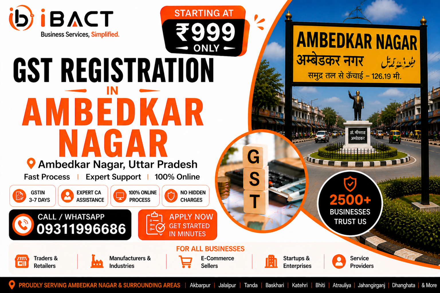 GST Registration in Ambedkar Nagar Akbarpur at ₹999 – Fast Online Process by iBACT Digital Expert CA Service for Power Loom Operators, Traders, Agri-Businesses, Shopkeepers, E-commerce Sellers and All Business Types in Ambedkar Nagar District Uttar Pradesh