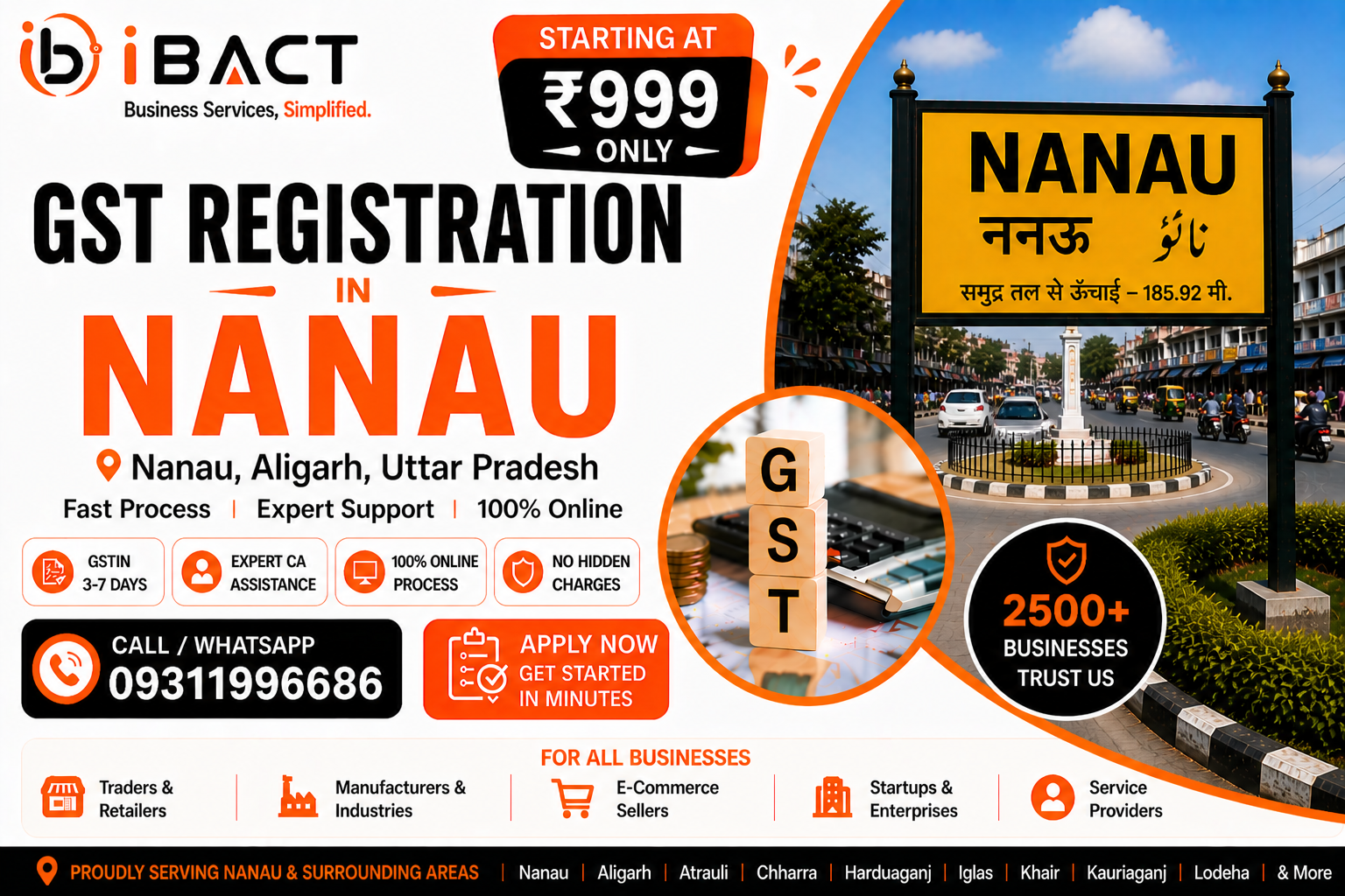GST Registration in Nanau Aligarh at ₹999 – Fast Online Process by iBACT Digital Expert CA Service for Traders, Agri-Businesses, Shopkeepers and All Business Types in Nanau, Akrabad Block, Aligarh District, Uttar Pradesh
