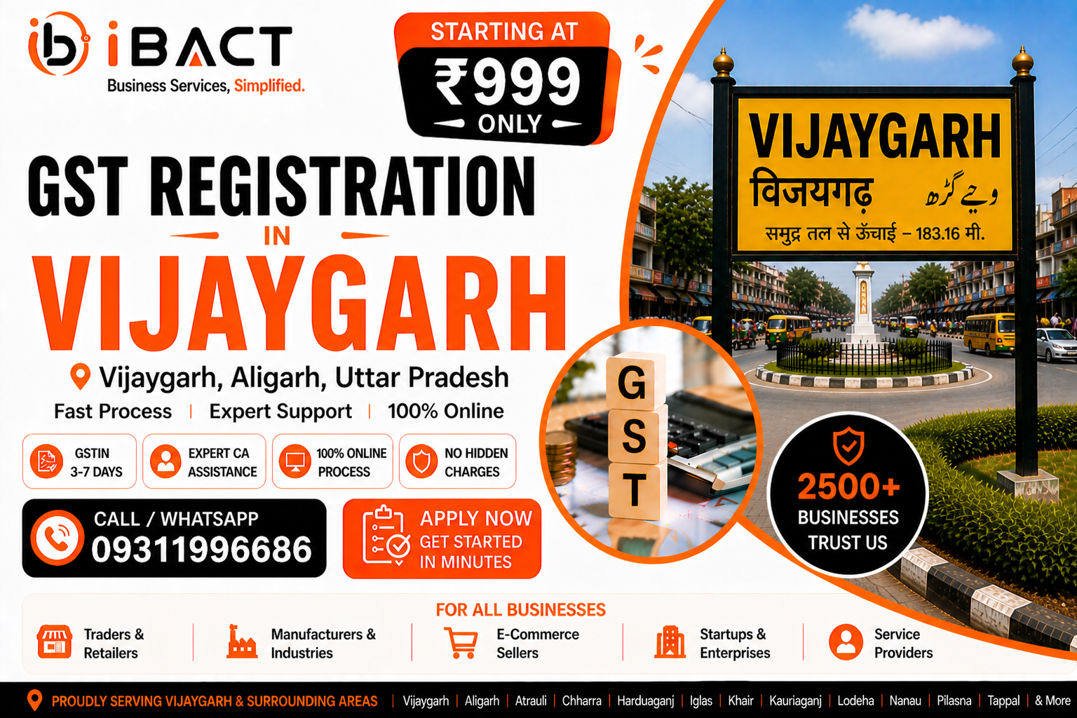 GST Registration in Vijaygarh Aligarh at ₹999 – Fast Online Process by iBACT Digital Expert CA Service for Traders, Shopkeepers, Agri-Businesses, E-commerce Sellers and All Business Types in Vijaygarh Town, Koil Tehsil, Aligarh District, Uttar Pradesh