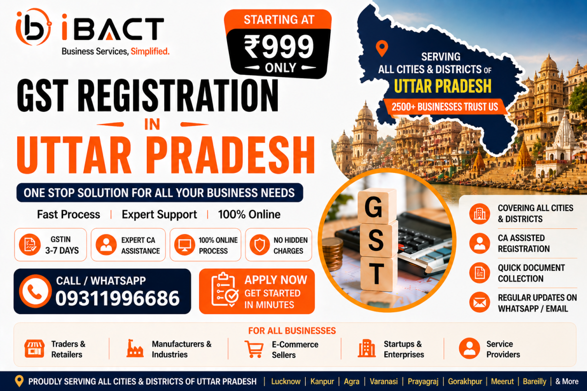 GST Registration in Uttar Pradesh ₹999 – Expert CA-Assisted Online GSTIN Service for Traders, Shop Owners, Manufacturers, Startups and E-commerce Sellers across all 75 districts of UP – iBACT Digital